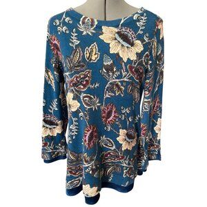 Chicos Floral Print Blue Long Sleeve Sweater With Satin Trim Size 1 (Medium)